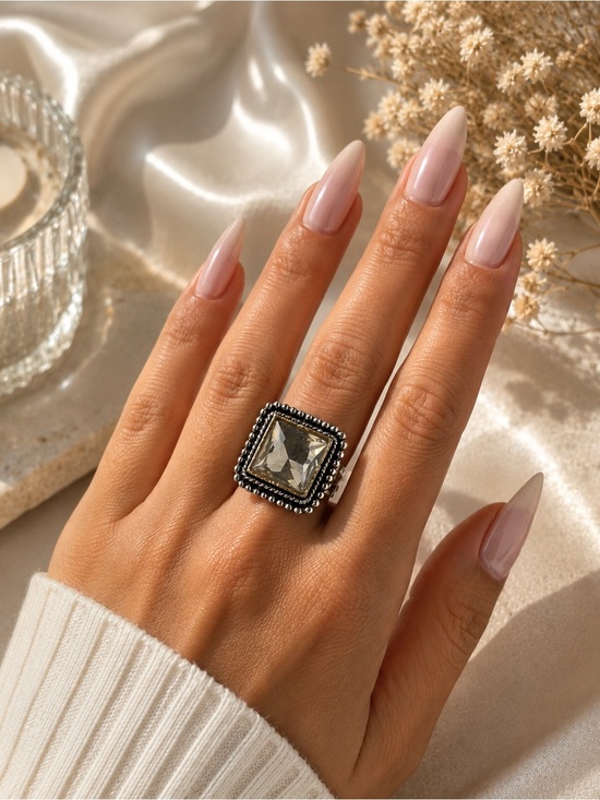 Anthropologie Jewelry - Anthropologie Silver Gold Square Bezel Crystal Ring Adjustable